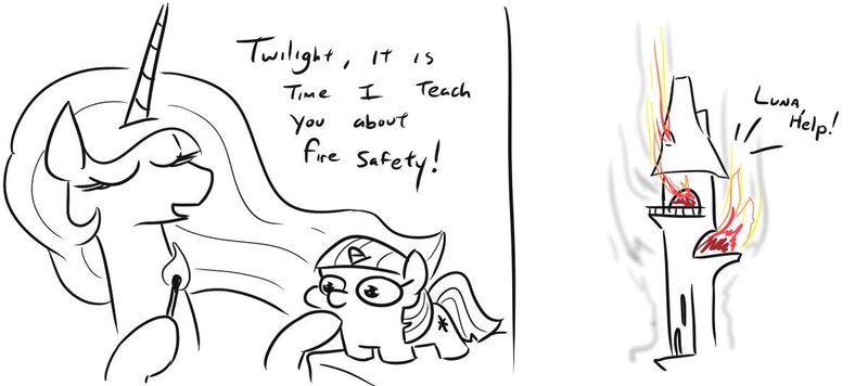 Size: 1198x533 | Tagged: safe, artist:jargon scott, derpibooru import, princess celestia, twilight sparkle, pony, unicorn, 2 panel comic, burning, comic, dialogue, didn't think this through, eyes closed, eyes on the prize, female, fire, hoof hold, lineart, mare, match, on fire, open mouth, partial color, simple background, smiling, starry eyes, this ended in fire, this will end in death, this will end in tears, this will end in tears and/or death, twiggie, unicorn twilight, white background, wingding eyes