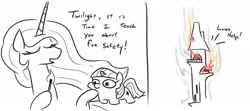 Size: 1198x533 | Tagged: safe, artist:jargon scott, derpibooru import, princess celestia, twilight sparkle, pony, unicorn, 2 panel comic, burning, comic, dialogue, didn't think this through, eyes closed, eyes on the prize, female, fire, hoof hold, lineart, mare, match, on fire, open mouth, partial color, simple background, smiling, starry eyes, this ended in fire, this will end in death, this will end in tears, this will end in tears and/or death, twiggie, unicorn twilight, white background, wingding eyes