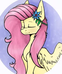 Size: 1205x1431 | Tagged: safe, artist:kim0508, derpibooru import, fluttershy, pegasus, pony, abstract background, bust, eyes closed, female, flower, flower in hair, hair accessory, mare, portrait, solo, spread wings, three quarter view, wings