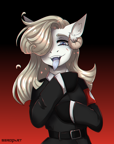 Size: 1500x1900 | Tagged: safe, artist:serodart, derpibooru import, oc, original species, pony, aryan, aryan pony, blue eyes, clothes, commission, female, horns, nazi, nazi uniform, nazipone, not aryanne, open mouth, solo, uniform