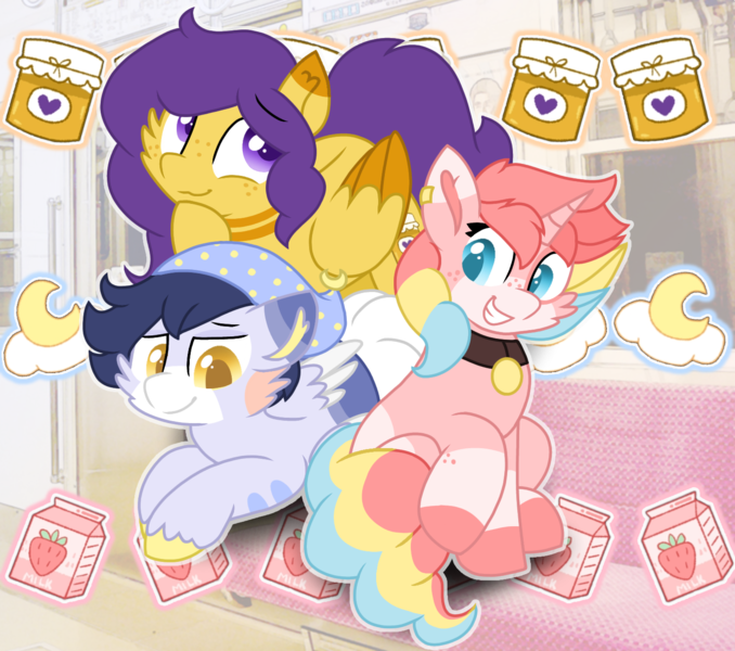 Size: 1469x1300 | Tagged: safe, artist:rainbow eevee, derpibooru import, oc, oc:honeybloom (rigbythememe), oc:milky (rigbythememe), oc:sleepycloud (rigbythememe), unofficial characters only, pegasus, pony, unicorn, aesthetic, art trade, collar, colored pupils, cute, cutie mark, cutie mark background, eyebrows visible through hair, female, folded wings, freckles, group, hat, horn, jewelry, lidded eyes, looking at you, male, necklace, pattern, pegasus oc, piercing, sitting, sleepy, smiling, thinking, train, unicorn oc, wings