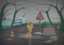 Size: 4961x3508 | Tagged: safe, artist:kozachokzrotom, derpibooru import, applejack, earth pony, pony, construction, cyrillic, pony on earth, puddle, road, russian, shovel, solo, ukrainian