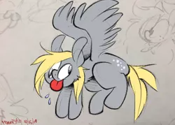 Size: 900x643 | Tagged: safe, artist:powerjam, derpibooru import, derpy hooves, pegasus, pony, flying, solo, tongue out