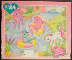 Size: 799x669 | Tagged: cute, derpibooru import, flower, g2, g2 sundawwnce, g2 sweet sweetberry, inner tube, ivybetes, ivy (g2), light heart, lightheartbetes, milton bradley, official, pond, puzzle, safe, sundance (g2), sweet berry
