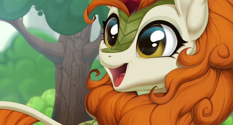 Size: 1280x687 | Tagged: amazed, artist:kyotokisha15, autumn blaze, awwtumn blaze, bust, cute, derpibooru import, female, kirin, mare, open mouth, outdoors, portrait, safe, scenery, smiling, solo, sounds of silence, three quarter view, tree