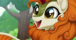 Size: 1280x687 | Tagged: amazed, artist:kyotokisha15, autumn blaze, awwtumn blaze, bust, cute, derpibooru import, female, kirin, mare, open mouth, outdoors, portrait, safe, scenery, smiling, solo, sounds of silence, three quarter view, tree