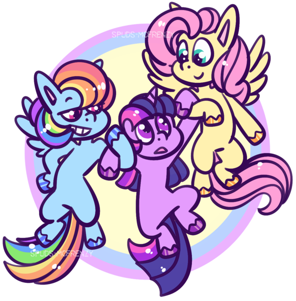 Size: 1203x1225 | Tagged: safe, artist:spuds-mcfrenzy, derpibooru import, fluttershy, rainbow dash, twilight sparkle, pony, unicorn, friendship is magic, holding a pony, scene interpretation, simple background, transparent background, unicorn twilight