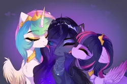 Size: 1920x1275 | Tagged: safe, artist:magnaluna, derpibooru import, princess celestia, princess luna, twilight sparkle, twilight sparkle (alicorn), alicorn, pony, :<, blushing, drool, eye clipping through hair, eyes closed, face licking, female, floppy ears, heart, jewelry, kiss on the cheek, kiss sandwich, kissing, lesbian, licking, mare, necklace, not sure if want, one eye closed, platonic kiss, regalia, royal sisters, shipping, tongue out, twiluna