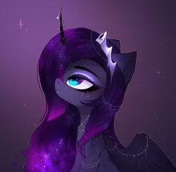 Size: 1920x1880 | Tagged: safe, artist:magnaluna, derpibooru import, princess luna, alicorn, pony, chest fluff, crown, cute, ear fluff, ethereal mane, female, galaxy mane, horn, horn jewelry, jewelry, looking up, lunabetes, mare, profile, regalia, solo, spread wings, wing fluff, wing jewelry, wings