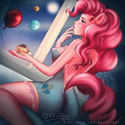 Size: 3000x3000 | Tagged: alternate version, anthro, artist:kgfantasy, balloon, blushing, breasts, busty pinkie pie, butt, cake, derpibooru import, eating, food, full moon, human facial structure, it, moon, pinkie pie, suggestive