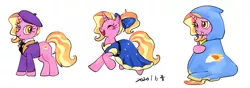 Size: 6217x2177 | Tagged: artist needed, safe, artist:tingyo, derpibooru import, luster dawn, pony, unicorn, the last problem, beret, blanket, bow, cloak, clothes, cosplay, costume, cute, dress, eyes closed, female, gameloft, hair bow, hat, high res, lusterbetes, mare, multeity, necktie, open mouth, pixiv, ribbon, simple background, smiling, solo, suit, triality, white background