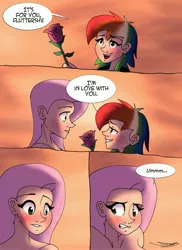 Size: 2978x4096 | Tagged: safe, artist:ringteam, derpibooru import, fluttershy, rainbow dash, human, comic:a certain confession, blushing, comic, female, flower, flutterdash, humanized, lesbian, rose, shipping, speech bubble, this will end in tears, this will not end well