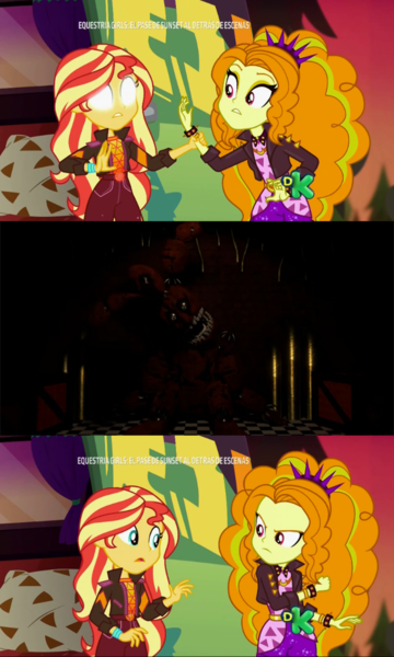 Size: 761x1270 | Tagged: safe, derpibooru import, edit, edited screencap, screencap, adagio dazzle, sunset shimmer, equestria girls, equestria girls series, sunset's backstage pass!, spoiler:eqg series (season 2), animatronic, bfpfilms, blank eyes, five nights at freddy's, music festival outfit, nightmare fuel, scott cawthon, sunset sees things, the return to freddy's, the return to freddy's 5, torture device (trtf 5), tyler ahlstrom, white eyes, wide eyes