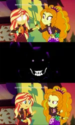Size: 761x1270 | Tagged: safe, derpibooru import, edit, edited screencap, screencap, adagio dazzle, sunset shimmer, equestria girls, equestria girls series, sunset's backstage pass!, spoiler:eqg series (season 2), blank eyes, five nights at freddy's, music festival outfit, shadow bonnie, sharp teeth, sunset sees things, teeth, the special strike, the special strike rebellion, thehottest dog, white eyes, wide eyes