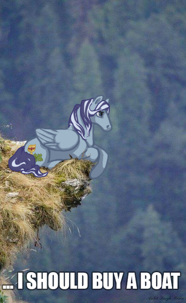 Size: 417x679 | Tagged: safe, artist:saby, derpibooru import, oc, oc:splendence, pegasus, pony, caption, cliff, contemplating, horse heresy, i should buy a boat, image macro, lying, male, meme, mixed media, outdoors, ponified meme, prone, real life background, solo, stallion, text