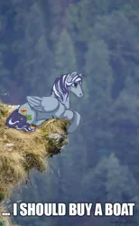 Size: 417x679 | Tagged: safe, artist:saby, derpibooru import, oc, oc:splendence, pegasus, pony, caption, cliff, contemplating, horse heresy, i should buy a boat, image macro, lying, male, meme, mixed media, outdoors, ponified meme, prone, real life background, solo, stallion, text