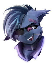 Size: 1600x1943 | Tagged: safe, artist:ignis, derpibooru import, oc, oc:emi, unofficial characters only, bat pony, pony, fanfic:sunless, bust, commission, cyber, cyberpunk, portrait, simple background, solo, sunjackers, this will end in pain, transparent background