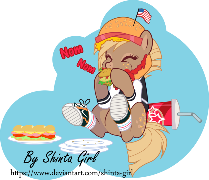 Size: 6183x5342 | Tagged: safe, artist:shinta-girl, derpibooru import, oc, oc:junk food pony, oc:patty (ice1517), unofficial characters only, earth pony, pony, american flag, bag, bread, burger, cheese, clothes, commission, converse, crumbs, cute, eating, eyes closed, featureless crotch, female, flag, food, freckles, ham, hamburger, hat, hay burger, jersey, junk food, ketchup, lettuce, mare, markings, meat, mustard, nom, plate, raised hoof, raised leg, sandwich, sauce, shoes, simple background, sitting, socks, soda, solo, sub sandwich, tomato, transparent background, vector, wall of tags