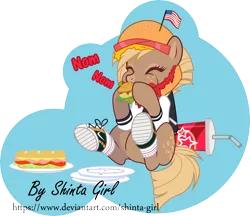 Size: 6183x5342 | Tagged: safe, artist:shinta-girl, derpibooru import, oc, oc:junk food pony, oc:patty (ice1517), unofficial characters only, earth pony, pony, american flag, bag, bread, burger, cheese, clothes, commission, converse, crumbs, cute, eating, eyes closed, featureless crotch, female, flag, food, freckles, ham, hamburger, hat, hay burger, jersey, junk food, ketchup, lettuce, mare, markings, meat, mustard, nom, plate, raised hoof, raised leg, sandwich, sauce, shoes, simple background, sitting, socks, soda, solo, sub sandwich, tomato, transparent background, vector, wall of tags