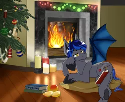 Size: 3660x3000 | Tagged: safe, artist:oneoddlady, artist:skydiggitydive, deleted from derpibooru, derpibooru import, oc, oc:straylight, bat pony, bat pony oc, bat wings, book, candle, christmas, christmas lights, christmas tree, collaboration, fire, fireplace, holiday, male, pillow, reading, sitting, solo, tree, wings