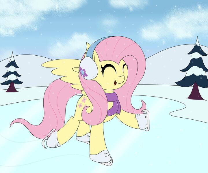 Size: 3000x2500 | Tagged: safe, artist:mrneo, derpibooru import, fluttershy, pegasus, pony, clothes, cute, earmuffs, eyes closed, female, high res, ice skates, ice skating, mare, open mouth, scarf, shyabetes, skating, snow, snowfall, solo, tree, winter, winter outfit