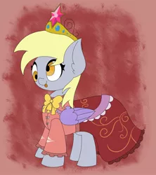 Size: 2000x2250 | Tagged: safe, artist:mrneo, derpibooru import, derpy hooves, pegasus, pony, :p, big crown thingy, bowtie, clothes, cosplay, costume, crossover, cute, derpabetes, dress, ear fluff, element of magic, fake wings, female, high res, houraisan kaguya, imperishable night, jewelry, mare, red background, regalia, simple background, solo, tongue out, touhou