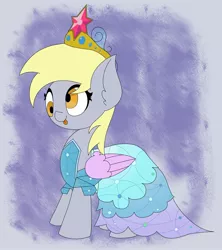 Size: 2000x2250 | Tagged: safe, alternate version, artist:mrneo, derpibooru import, derpy hooves, pegasus, pony, canterlot boutique, :p, big crown thingy, blue background, clothes, cute, derpabetes, dress, ear fluff, element of magic, fake wings, female, high res, jewelry, mare, princess derpy, princess dress, regalia, simple background, solo, tongue out