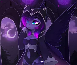Size: 4096x3490 | Tagged: safe, artist:magnaluna, derpibooru import, princess luna, alicorn, anthro, belly button, breasts, cloak, clothes, crescent moon, cute, eye clipping through hair, female, hood, hoof shoes, lunabetes, mare, moon, navel cutout, night, sky, solo, spread wings, stars, wings
