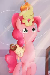 Size: 2000x3000 | Tagged: safe, artist:lilliesinthegarden, derpibooru import, pinkie pie, pound cake, pumpkin cake, earth pony, pegasus, pony, unicorn, baby, baby pony, cake twins, crepuscular rays, cute, diapinkes, ear down, eyes closed, female, high res, mare, poundabetes, pumpkinbetes, siblings, sleeping, twins