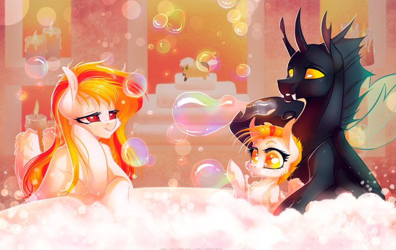 Size: 1500x948 | Tagged: safe, artist:limreiart, derpibooru import, oc, unofficial characters only, changeling, pegasus, pony, bath, bathtub, bubble, bubble bath, candle, changeling oc, cute, family, fiery mane, pegasus oc, wings