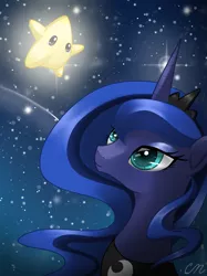 Size: 1024x1366 | Tagged: safe, artist:sunshineshiny, derpibooru import, princess luna, pony, bust, cute, female, luma, lunabetes, mare, night, portrait, shooting star, sky, solo, starry night, stars, super mario galaxy