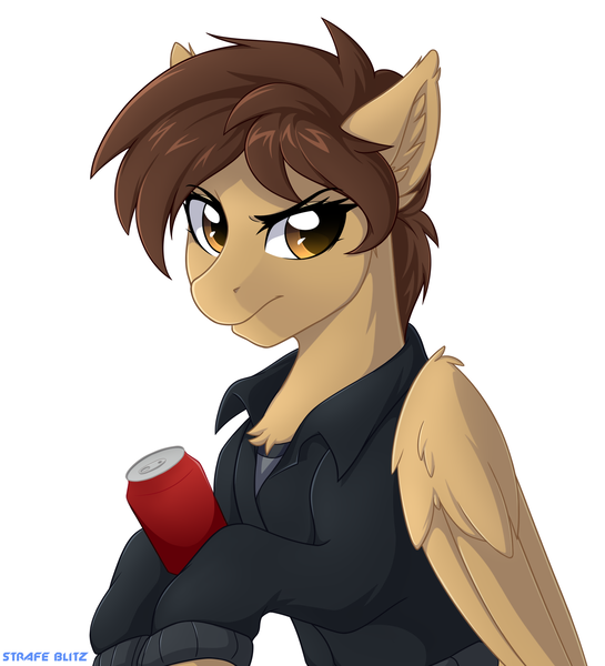 Size: 2054x2260 | Tagged: artist:strafe blitz, can, chest fluff, clothes, derpibooru import, equine, oc, pegasus, safe, semi-anthro, simple background, solo, unofficial characters only, white background