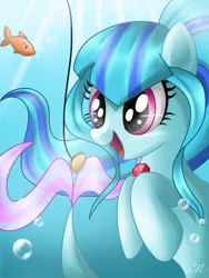 Size: 768x1024 | Tagged: artist:sunshineshiny, bait, bubble, cute, derpibooru import, female, fish, food, gem, hooves to the chest, open mouth, safe, siren, siren gem, solo, sonatabetes, sonata dusk, taco, that siren sure does love tacos, underwater