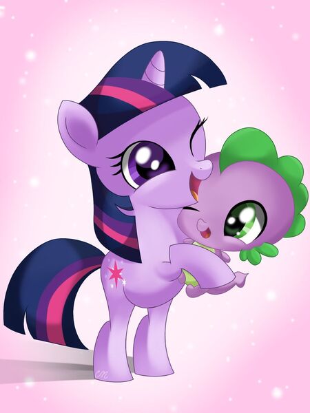 Size: 1024x1366 | Tagged: safe, artist:sunshineshiny, derpibooru import, spike, twilight sparkle, dragon, pony, unicorn, baby, baby dragon, baby spike, cuddling, cute, duo, female, filly, filly twilight sparkle, hug, mama twilight, one eye closed, spikabetes, twiabetes, unicorn twilight, younger