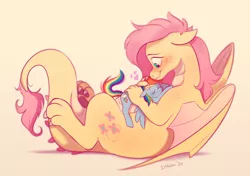 Size: 1955x1377 | Tagged: safe, artist:imalou, derpibooru import, fluttershy, rainbow dash, dragon, pegasus, pony, blushing, dragoness, dragonified, duo, female, flutterdash, flutterdragon, gradient background, heart, hug, lesbian, lying, lying on top of someone, mare, on back, prone, shipping, simple background, size difference, sleeping, snuggling, species swap