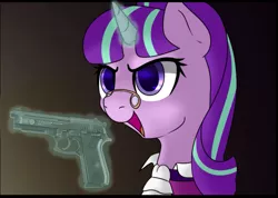 Size: 1113x794 | Tagged: artist:10art1, delet this, derpibooru import, gun, handgun, magic, no catchlights, safe, snowfall frost, starlight glimmer, taurus pt92, weapon