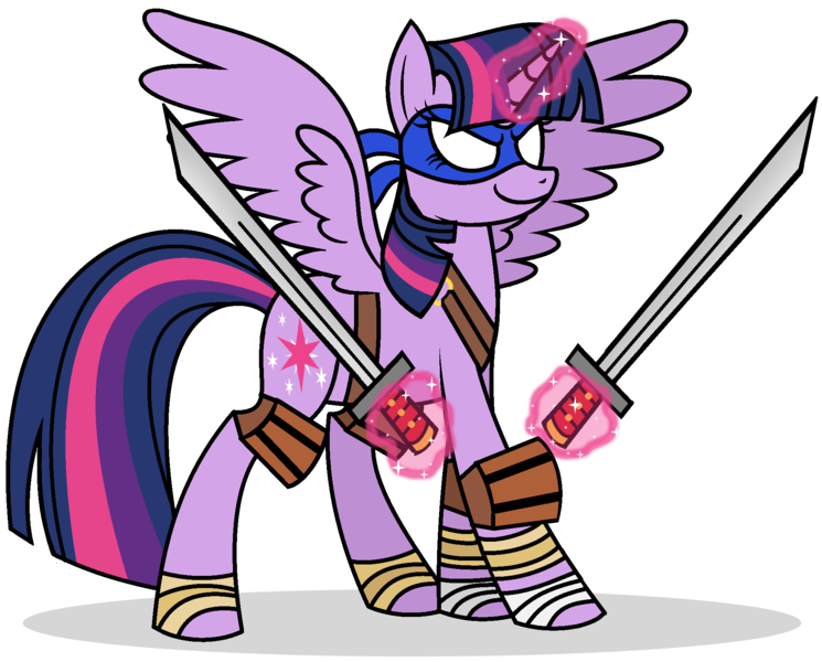 Size: 1945x1567 | Tagged: safe, artist:mlptmntdisneykauane, derpibooru import, twilight sparkle, twilight sparkle (alicorn), alicorn, pony, bandage, female, glowing horn, hooves, horn, leonardo, levitation, magic, mare, simple background, smiling, solo, spread wings, sword, teenage mutant ninja turtles, telekinesis, tmnt 2012, transparent background, weapon, wings