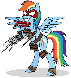 Size: 1940x2136 | Tagged: safe, artist:mlptmntdisneykauane, derpibooru import, rainbow dash, pegasus, pony, bandage, bipedal, female, grin, hooves, mare, raphael, simple background, smiling, solo, spread wings, teenage mutant ninja turtles, tmnt 2012, transparent background, weapon, wings