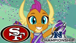 Size: 2289x1288 | Tagged: 2 4 6 greaaat, advanced, american football, cheerleader smolder, confetti, cute, derpibooru import, dragon, edit, edited screencap, nfc championship, nfc divisional round, nfl, nfl divisional round, nfl playoffs, safe, san francisco 49ers, screencap, smiling, smolder, smolderbetes, solo, sports