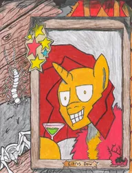 Size: 2510x3262 | Tagged: safe, artist:oatmeal155, derpibooru import, oc, oc:citrus dew, unofficial characters only, insect, pony, spider, unicorn, comic:oat.meal, alcohol, bust, martini, portrait, traditional art