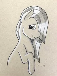 Size: 649x874 | Tagged: safe, artist:peruserofpieces, derpibooru import, marble pie, earth pony, female, hair over one eye, looking at you, mare, pencil drawing, smiling, toned paper, traditional art
