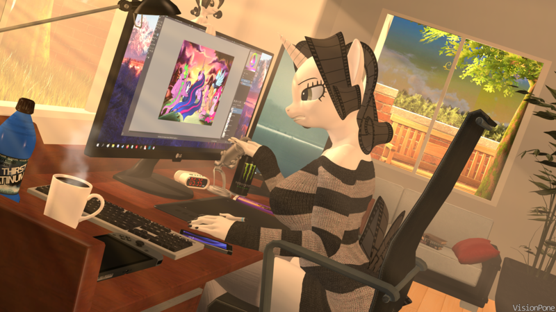 Size: 3840x2160 | Tagged: safe, artist:vision, derpibooru import, oc, oc:movie slate, unofficial characters only, anthro, unicorn, 3d, alarm clock, bench, book, chocolate, clock, clothes, coffee, coffee mug, couch, desk, drawing tablet, energy drink, food, grass, keyboard, lamp, microphone, monitor, monster energy, mug, office chair, phone, pillow, plant, socks, source filmmaker, steam, stockings, thigh highs, tree, window