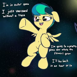 Size: 2048x2048 | Tagged: artist:wenni, belly button, derpibooru import, eminem, female, filly, floppy ears, high, high as fuck, implied drug use, oc, oc:apogee, open mouth, outstretched hoof, pegasus, safe, shinodage's birthday, smiling, solo, space, underhoof, unofficial characters only