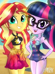 Size: 1536x2048 | Tagged: safe, artist:artmlpk, derpibooru import, sci-twi, sunset shimmer, twilight sparkle, human, equestria girls, equestria girls series, adorkable, beach, best friends forever, bikini, clothes, cute, dork, duo, duo female, female, hands on hip, looking at you, midriff, sarong, shimmerbetes, sun, swimsuit, twiabetes