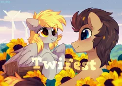 Size: 2048x1448 | Tagged: artist:mirtash, blushing, calendar, derpibooru import, derpy hooves, doctorderpy, doctor whooves, female, fence, flower, looking at each other, male, safe, shipping, signature, smiling, straight, sunflower, time turner, twifest, windmill