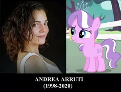 Size: 670x508 | Tagged: safe, derpibooru import, diamond tiara, earth pony, human, pony, andrea arruti, irl, irl human, mexico, photo, rest in peace, voice actor