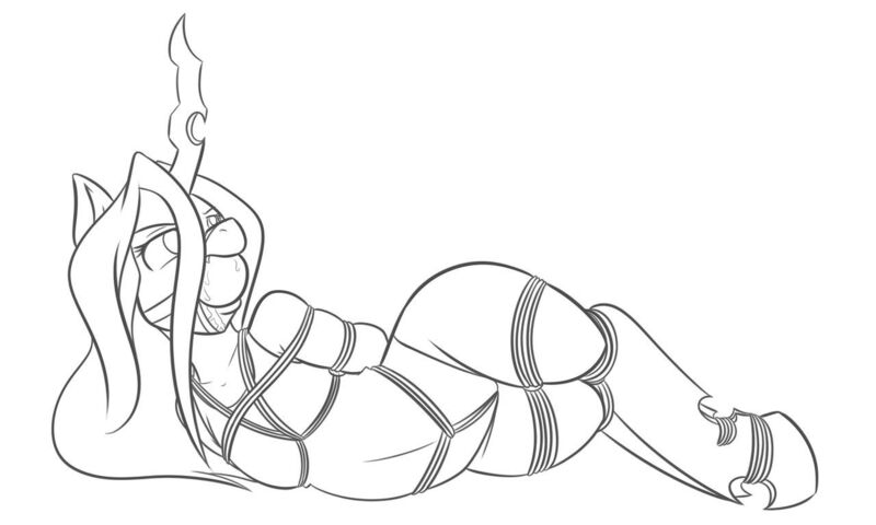 Size: 1280x768 | Tagged: anthro, arm behind back, artist:ryuseihikari, ballgag, bondage, bound legs, clothes, commission, crotch rope, derpibooru import, drool, female, fetish, frown, gag, lineart, looking offscreen, monochrome, one-piece swimsuit, queen chrysalis, questionable, rope, rope bondage, shibari, side, simple background, solo, solo female, swimsuit, unguligrade anthro, white background