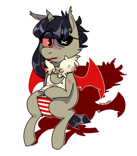 Size: 882x1006 | Tagged: safe, artist:octogreed, derpibooru import, oc, unofficial characters only, alicorn, bat pony, bat pony alicorn, pony, bat pony oc, bat wings, eyepatch, food, horn, looking at you, popcorn, red eyes, simple background, solo, transparent background, wifebeater, wings