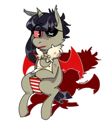 Size: 882x1006 | Tagged: safe, artist:octogreed, derpibooru import, oc, unofficial characters only, alicorn, bat pony, bat pony alicorn, pony, bat pony oc, bat wings, eyepatch, food, horn, looking at you, popcorn, red eyes, simple background, solo, transparent background, wifebeater, wings