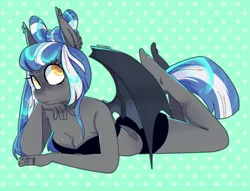 Size: 2801x2141 | Tagged: safe, artist:octogreed, derpibooru import, oc, oc:midnight rush, anthro, bat pony, plantigrade anthro, anthro oc, bat pony oc, bat wings, bikini, black swimsuit, breasts, cleavage, clothes, colored pupils, female, mare, midriff, polka dot background, prone, solo, swimsuit, wings